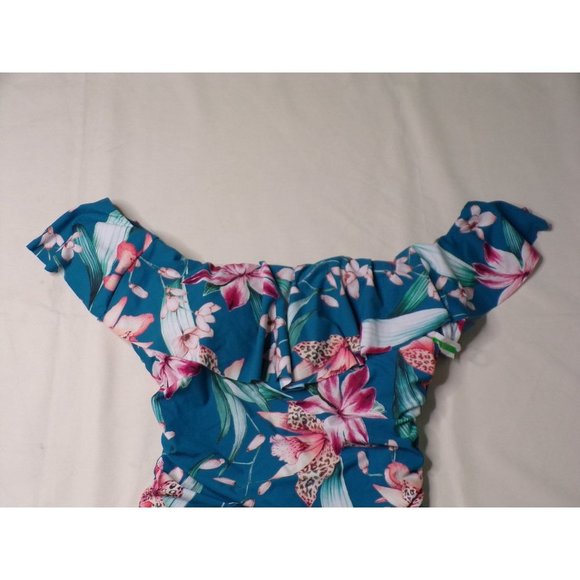 LA BLANCA Off Shoulder Flyaway Orchid Floral Print One Piece Swimsuit 10 NEW - Picture 4 of 7